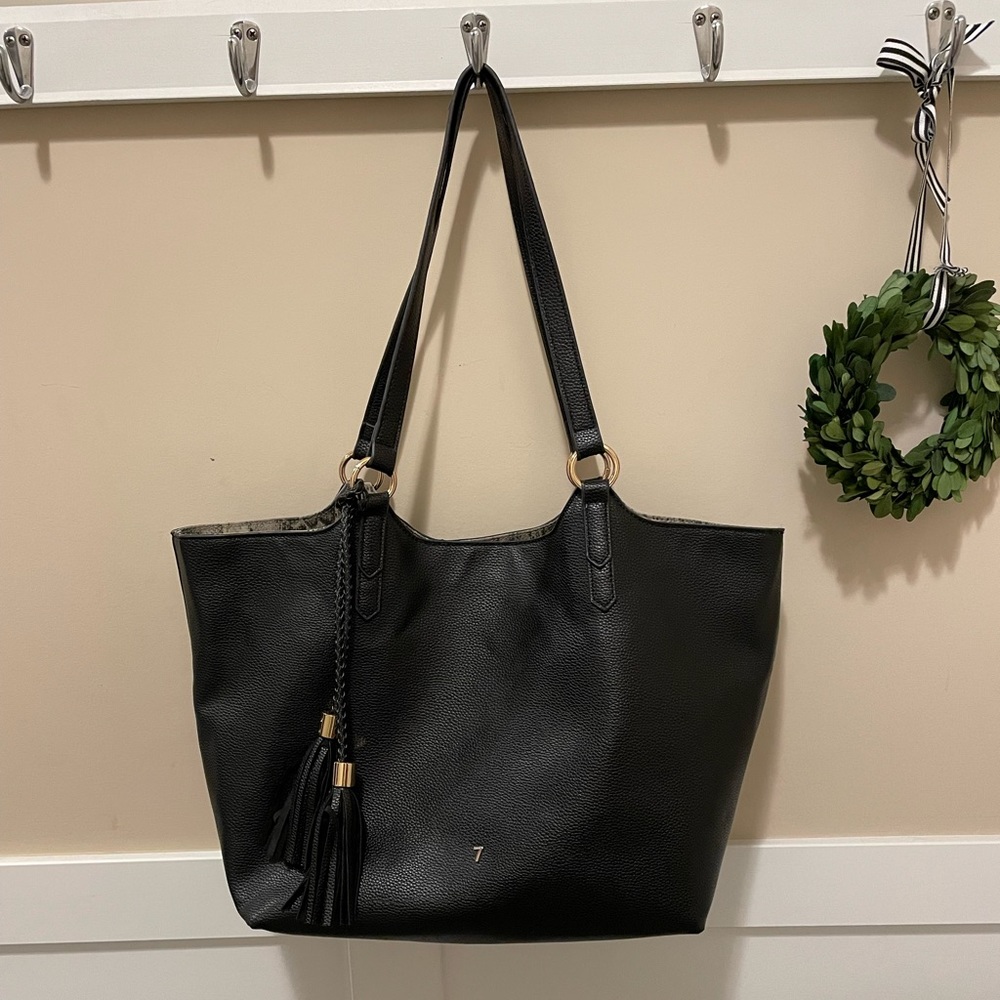 Seven Dreams Black Faux Leather Handbag with Decorative Tassel